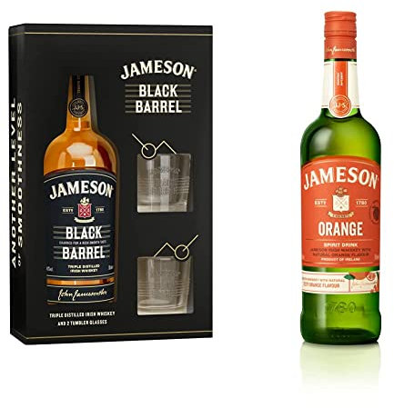 Jameson Black Barrel Irish Whiskey Glasses Gift Set, 70 cl & Orange Flavoured Irish Whiskey, 70cl