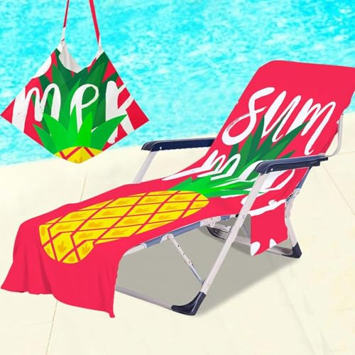 Surwin Sun Lounger Towel with Pockets, 3D Juice Print Quick Dry Beach Towel, Microfiber Sunbed Towels Travel Lounger Bag for Loungers Summer Holiday Outdoor Pool, 75X210CM- Pineapple