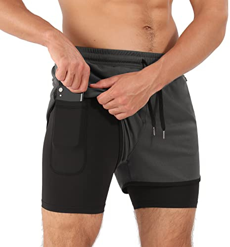 Superora löparshorts för män, kompressionsshorts gym, fitness, träning, 2 i 1 shorts med mobiltelefonficka och fickor med dragkedja, GRÅ, L