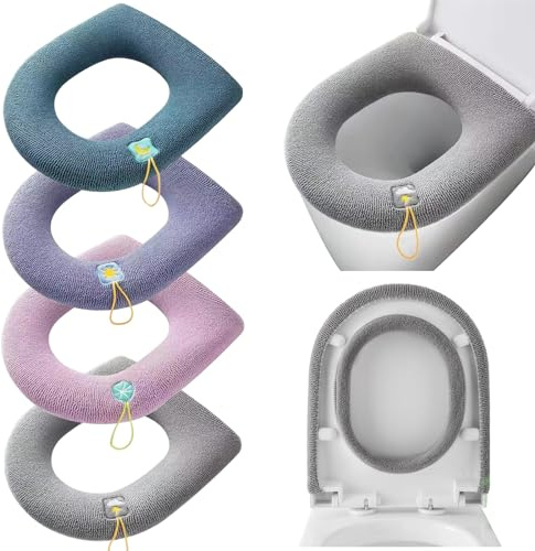 Lvjkes Toilet Seat Covers, 4 Pieces Toilet Seat Cover Pads with Handle Toilet Lid Cover Cushion Thicker, Bathroom Washable Reusable Toilet Seats, Universal Toilet Seat Mat, 4 Colors, 44 x 36 cm