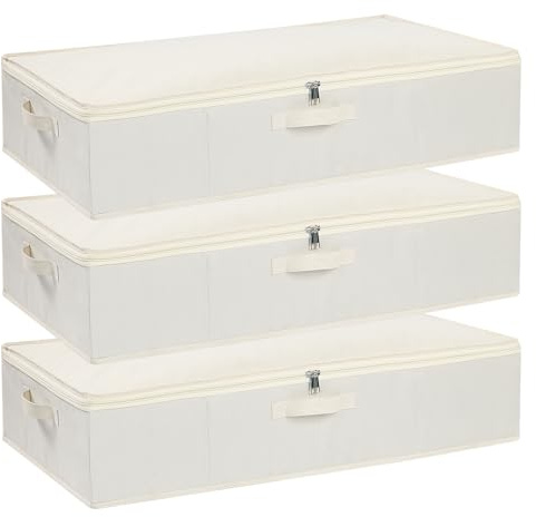 YheenLf 3 Stück Unterbettkommoden,Beige Aufbewahrungsbox,60x30x15cm | Unterbettkommode, Faltbare Aufbewahrungstasche mit Deckel und Reißverschluss, für Bettdecken Kleidung, Unterbettbox
