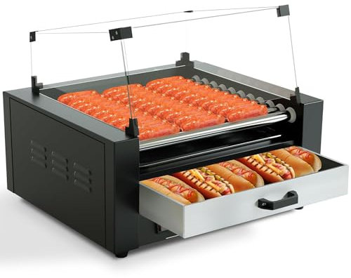 Commercial Hot Dog Roller Machine, with Bun Warmer & Removable Drip Tray, 1700W Sausage Grill Cooker Machine 11 Non-Stick Roller Sausage Roasting Hot Dog Warmer, 0-250℃ Dual Temp Control