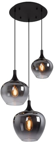 Hängeleuchte Pendellampe Wohnzimmer Pendelleuchte Esstischleuchte rauch Glasschirm, Metall schwarz, Fassungen 3x E27, DxH 48x120 cm