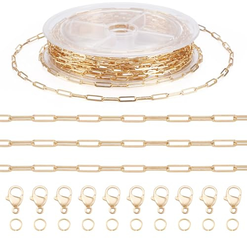 PandaHall 5m Brass Paperclip Chains Gold Oval Link Chain Cross Chain with Lobster Claw Clasps Jump Rings for Bracelet Necklace Jewellery Making
