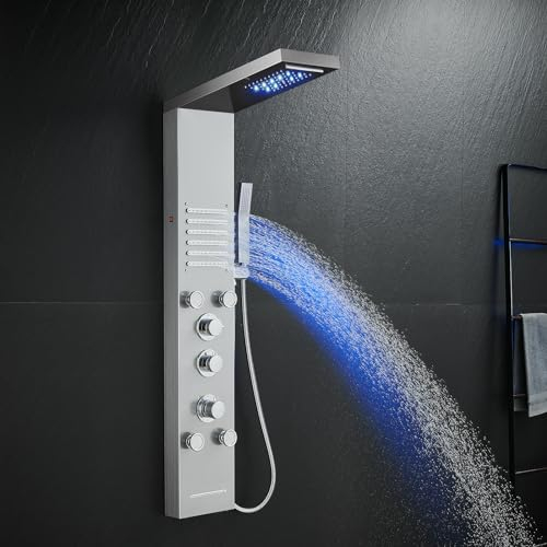 KINKIBOS Pannello doccia termostatico con LED, 6 funzioni, pannello doccia con pioggia e cascata, 2 getti massaggianti, doccetta e beccuccio per vasca, colonna doccia in acciaio inox 304, spazzolato