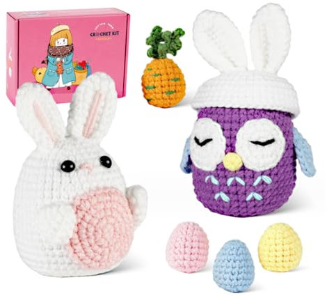 Anyuecoco Häkelset, 2-teiliges Häkelset für Anfänger, Strickset für Erwachsene und Kinder, mit Schritt-für-Schritt-Video-Tutorials und Anleitung, Häkel-Starter-Set mit niedlicher Eule und Kaninchen