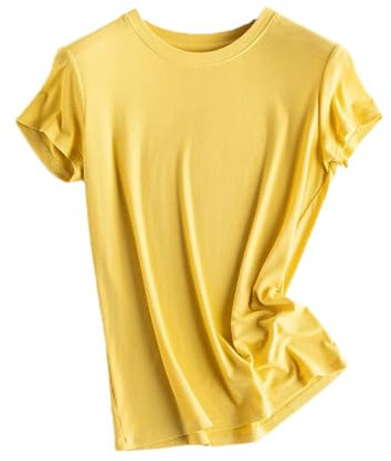 T-shirt d'été en soie mélangée à manches courtes et col en U pour femme, Mangue O, S