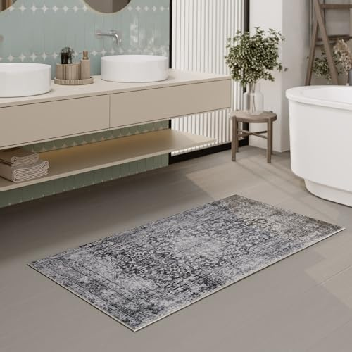 Wecon Home Ralph Badteppich, 55 x 65 cm, grau | Vintage Badezimmerteppich, Hochwertig und waschbar, Trendiges Wohnaccessoire für Modernes Bad-Design