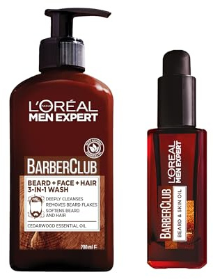 L’Oréal Paris Men Expert Barber’s Bundle Gift Set for Men, 3-in-1 Beard, Face & Hair Wash 200ml and Beard & Skin Oil 30ml, Barber Club Duo With Cedarwood Essential Oil, for All Beard and Skin Types