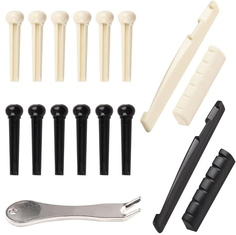 WANDIC 12 x Akustikgitarren-Pins, Steg-Pins, 4 x Sattel und Mutter, 1 Entferner-Werkzeug, Gitarren-Ersatzteile
