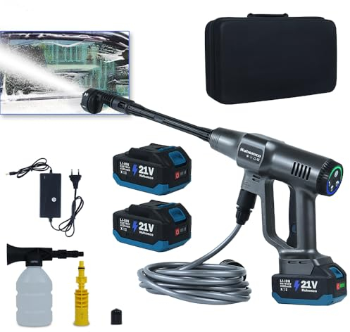Huhomco Mobiler Akku Hochdruckreiniger mit Akku 4000Mah x 2, Max 200Bar/2900Psi mit Bürstenlosen, Tragbar Druckreiniger Hochdruckpistole mit 6-In-1 Multifunktionale Düse für Bewässerung, Autowäsche