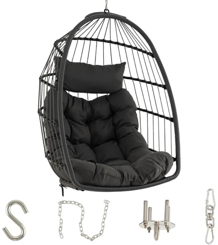 GOPLUS Fauteuil Oeuf Suspendu, Chaise Balançoire avec Oreiller & Coussin Doux, Chaise Suspendue en Rotin PE, Design Pliable pour Intérieur, Extérieur, Chambre, Terrasse, Jardin, Capacité 150kg (Gris)