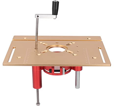 JDQTPOET Router Lift System, Aluminum Precision Router Lift with Top Plate & Miter Gauge Guide, Woodworking Router Table Insert Plate and Router Lift Kit for Slotting, Trimming, Chamfering (Gold)