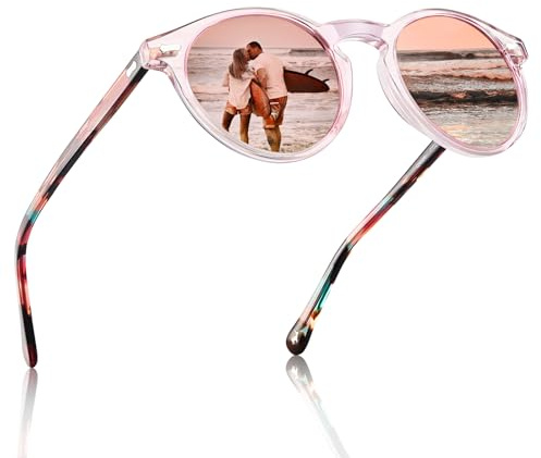 CARFIA Runde Polarisierte Sonnenbrille für Damen mit 100% UV Schutz | Acetat-Gestell, kompatibel mit runden und eckigen Gesichtsformen, inklusive Brillenetui, für Autofahren, Strand, Reisen