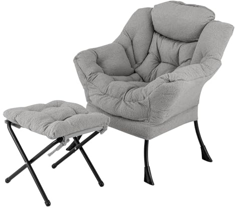 RELAX4LIFE Relaxsessel mit Hocker, moderner Akzentstuhl mit klappbarer Fußstütze, Kopfkissen & Seitentasche, gepolsterter Sessel & Fußstütze für Wohnzimmer, Schlafzimmer & Studentenwohnheim (Grau)