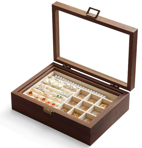 Marooma Schmuckschatulle mit Glasdeckel, 2-lagiger Schmuck-Organizer, Vintage-Uhren-Organizer aus Holz, Retro-Halsketten-Ring-Ohrring-Aufbewahrung, Schmuck-Dis (L #-3)