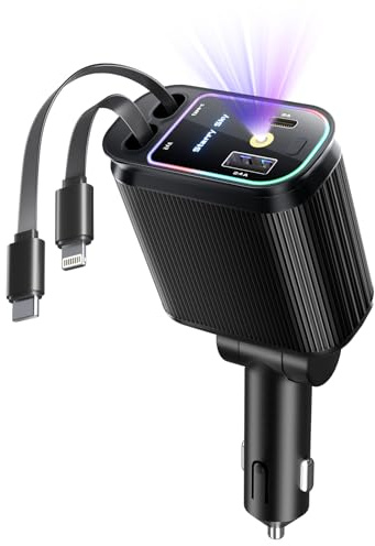 Starlight Retractable Car Charger with Retractable Cables, Starlight in Car Roof 4 in 1 Super Fast USB C Car Phone Charger, 2 USB Ports Starry Sky Adapter, Compatible with iPhone 17 16 15 14 13 12
