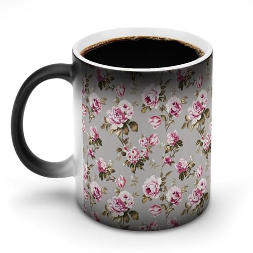 KWQDOZF Tazza da caffè riscaldata con motivo a rose vintage shabby chic, tazza da caffè in ceramica sensibile al calore, regalo creativo