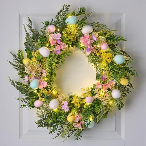 Lights4fun Couronne de Pâques Pré-Éclairée de 60 cm avec Feuillage, Fleurs Artificiels et Œufs de Pâques et 50 LED Blanc Chaud à Piles avec Minuterie pour Porte d'Entrée et Décoration Intérieure