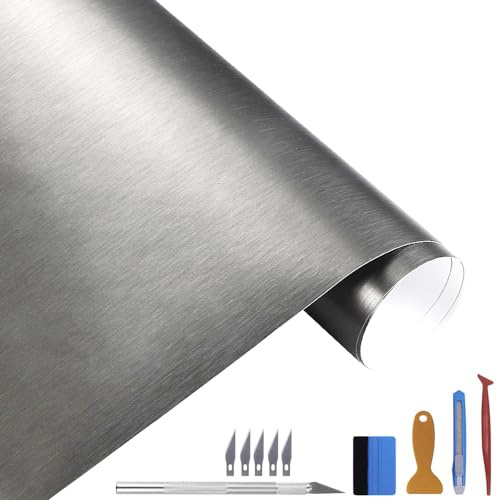 NewL Pellicola Vinile Auto Satinata Acciaio Inox Spazzolato Grigio | Finitura satinata spazzolata, 100 x 300 cm, attrezzi inclusi, autoadesiva, canali aria integrati, per auto e moto