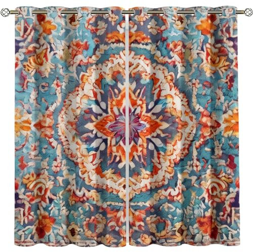 Kinder Gardinen Kinderzimmer Junge Mädchen Blickdicht Böhmische Blaue Bunte Künstlerische Blumen 264X214Cm 2Er Set Verdunkelungsvorhang Thermovorhang Hitzeschutz Vorhänge Wohnzimmer Schlafzimmer Vo