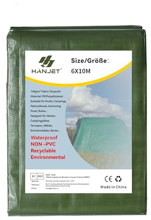 Hanjet Plane wasserdicht Garten PE Abdeckplane 140g/m² grün, starker Bodenplane Zeltplane Schutzplane für Haus, Boote, Autos, Pool – recycelbar (6 x 10 m)