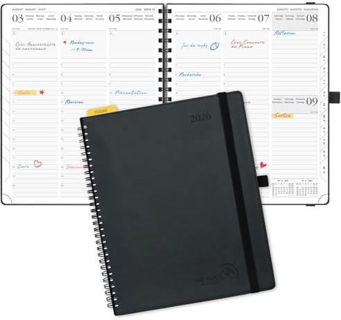 POPRUN Kalender 2026 Vertikal Spiral Planerare, 26,5 x 21,5 cm, Mjukt Omslag, Agenda 2026 med Självhäftande Pennhållare, Veganläder och 100 GSM Tjockt Papper, Svart