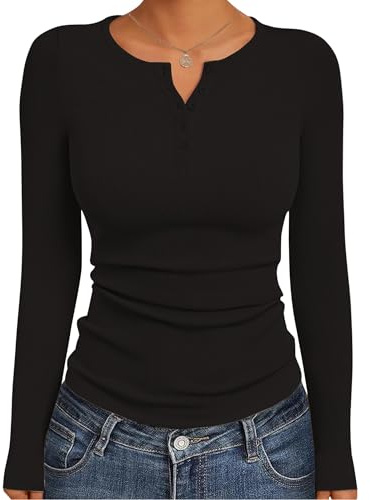 GLEENOD - Maglietta a maniche lunghe da donna, elegante, basic, con costine, Y2K, moderna, T-shirt a maniche lunghe Henley con bottoni, Nero , L