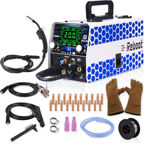 Reboot MIG Welder 200AMP 230V 5-in-1 Multiprocess Machine| Gas/Gasless/Lift TIG/Stick/Spot | Inverter with Large LED Display | Upgraded RBM2000 with Free Welding Gloves