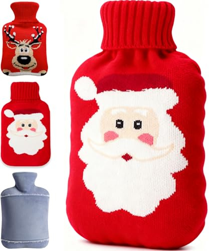 Borsa dell'acqua calda con rivestimento, 2 l, grande borsa dell'acqua calda, a prova di perdite, con rivestimento soffice e coccoloso, Babbo Natale borsa dell'acqua calda, scaldino per il letto per