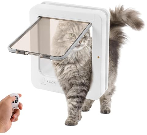 Kattlucka med chiperdetektering, intelligent kattdörr med 2 halsband med RFID-halsbandsnycklar, fjärrkontroll, 4 omkopplingslägen kattlucka fönster för katter upp till 11 kg, vit