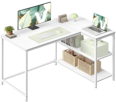 VASAGLE L Shaped Corner Desk, Computer Gaming Desk with Storage, Reversible Height-Adjustable Shelves, for Home Office, 110 x 80 cm, Maple White LWD135WF01