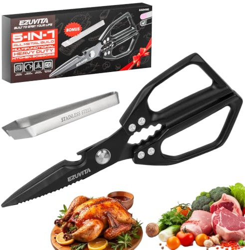 EZUVITA Ciseaux de Cuisine 5 en 1 avec Pince à Épiler, Ciseaux Polyvalents avec Lames en Acier Inoxydable Revêtues de Titane, Lavables au Lave-Vaisselle, Idéal pour la Cuisine (Noir)