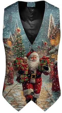 Christmas Waistcoat Mens Fun Waistcoat Fun Christmas Festive Happy Santa Claus Xmas Holiday Dress V-Neck Snowflake Xmas Waistcoats V Neck Sleeveless Slim Fit Party Costumes Party Dress Up Vest Suit