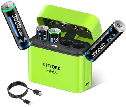 CITYORK 4 x AA uppladdningsbara litiumbatterier med laddare, 1,5 V hög kapacitet 3 000 mWh litiumbatteri med integrerad laddningsförvaringslåda