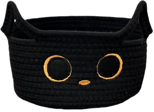 Joygoodta Caja de juguetes para gatos, cesta de Halloween, cesta de juguetes tejida con cuerda de algodón para gatos negros para guardería, organizador de almacenamiento con orejas para reg