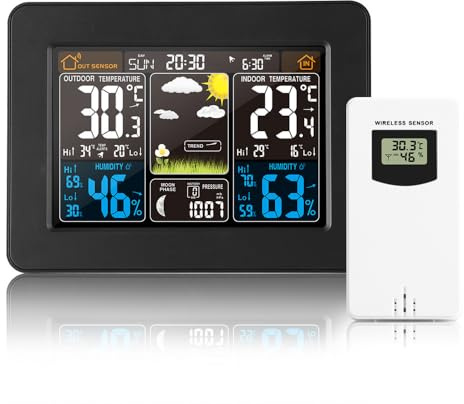 Stazione Meteo Wireless: Display LCD a Colori, Sensore Esterno/interno, Barometro, Termometro IN/OUT, Fasi Lunari e Previsioni. Sveglia DCF con Retroilluminazione Regolabile. Design Moderno. (Nero)