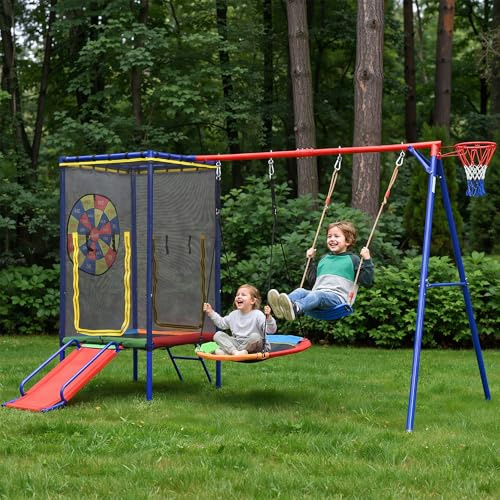 VIVCA Set da gioco multifunzionale per esterni per bambini – Set altalena con trampolino, scivolo, nido, cestino da basket e rete di sicurezza