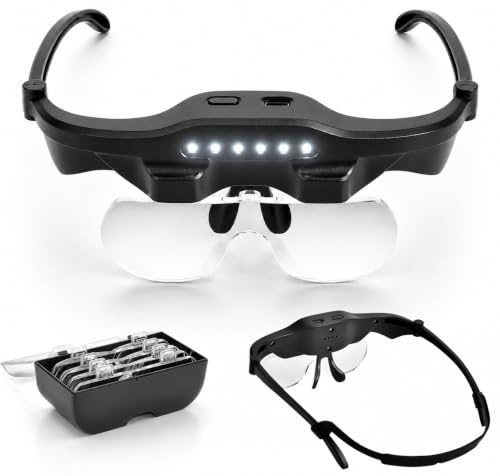 Head Magnifying Glass with Light Rechargeable 6 LEDs & 3 Levels Hands Free | 5X 3.5X 2.5X 1.5X Headband Magnifier for Hobbies Close Work, Head Magnifier for, Craft, Model Making, Repair