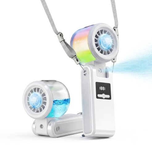 Ventilador Nebulizador de Mano Portatil con Placa de Enfriamiento y Luces Ambientales, Mini Ventilador Turbo de Cuello Agua Pulverizada Recargable, Potente 20000RPM, 199 Velocidades para Viaje Playa