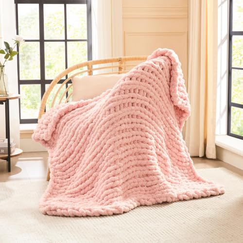 L'AGRATY Chunky-Strickdecke Rosa (130x160 cm), Weiche Chenille-Garn Wurfdecke, Handgemachte Zopfstrick-Decke, Kuschelige Häkeldecke für Sofa, Bett & Wohnkultur