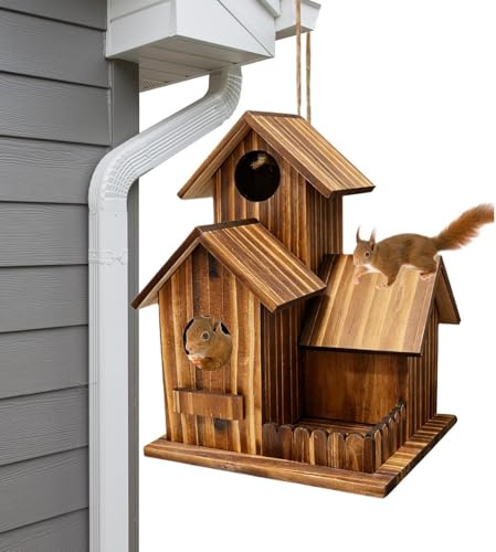 Mangiatoia per scoiattoli in legno, Stazione alimentare in legno all'aperto, Alimentatore per stanza all'aperto, Stazione di cibo per scoiattoli con tetto, per albero, giardino, cortile, terrazza