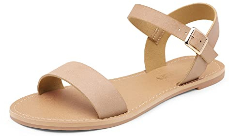 DREAM PAIRS Women's Ankle Strap Flat Sandals Open Toes One Band Buckle Summer Dressy Sandals,Size 7,Nude