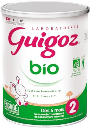 GUIGOZ BIO 2 de 6 mois jusqu'à 1 an - Lait bébé 2ème âge en poudre de 6 mois - Boîte de 800g