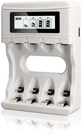 Caricabatteria LCD AA/AAA PALO 4Bay / slot con caricabatterie USB per batterie AA AAA ricaricabili Ni-MH Ni-CD (bianco)