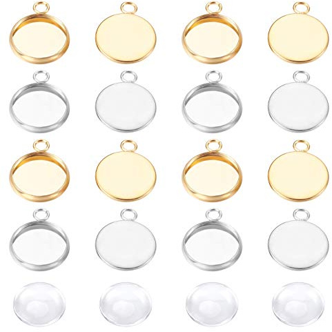 UNICRAFTALE 12mm Flat Round Tray Anhänger Herstellung Kits 304 Edelstahl Anhänger Cabochon Einstellungen Und Klarglas Cabochon Für Halsketten Schmuckherstellung