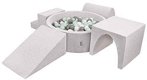 KiddyMoon Spielplatz Aus Schaumstoff Mit Rund Bällebad (200 Bälle) Ballgruben Für Babys Spielbad Hindernisläufen, Hergestellt In Der EU, Hellgrau:Weiß/Grau/Minze