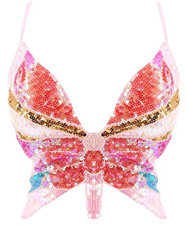 WanWorlder Damen Bauchtanz Kostüm BH Oberteil mit Pailletten Perlen Schmetterling Träger Top Halfter Crop Top Belly Dance Tanzkleidung (Mehrfarbig C, freesize), Einheitsgröße