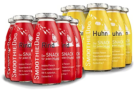 Hunde Smoothie SmoothieDog 12er Mix - je 6X: Huhn, Rind - Flüssiges Hundeleckerli - Zucker- & glutenfrei - je 250ml