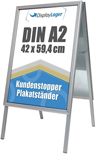 DisplayLager | Kundenstopper Alu-Line | 2 Plakate (beidseitig) | Wetterfeste Plakatständer Gehwegaufsteller Werbetafel (Silber, A2)